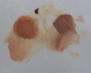 Égetett sienna a bal oldalon ólomfehérrel, a jobb oldalon titánfehérrel keverve. Figyeld meg az ólomfehérrel kevert szín mennyivel intenzívebb maradt mint a titánfehérrel kever változat. 