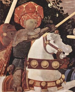 A ló kantárján jól megfigyelhető a megbarnult cinóber vörös.  Paolo Uccello – A San Romanói csata, részlet, tojás tempera, dió olaj és lenolaj 