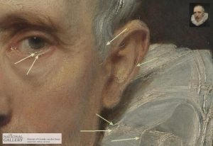 Nézd meg Van Dyck festményén a nyilakkal jelölt részeken, milyen finom, szálkás plasztikusságot tudott produkálni ólomfehér és kréta (gitt médium) keverékével. Kattints a képre ha nagyobban szeretnéd látni. 