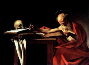 A festményen a mester kármin vörösre lazúrozott cinóber vörössel, így az képes volt megőrizni tisztaságát. Caravaggio – Szent Jeromos, 1605-1606, olaj, vászon. 