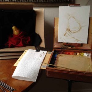 A Csendélet beállítás és a vásznon az elő rajz 