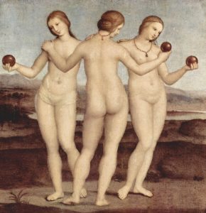 Raffaello Santi – 3 Grácia (1504) Figyeld meg, hogy Raffaello egy az egyben lemásolta a Pompei falfestmény kompozícióját ugyanazon témájú saját festményében. Érdemes megnézni azt is, hogy a korabeli Pompei mester, mennyivel tökéletesebben ábrázolta a testszínt és a tónusokat mint Raffaello.