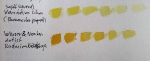 Vanádium citrom és kadmium sárga. Jól látható mennyivel intenzívebbek, mint a fenti sárágák. 